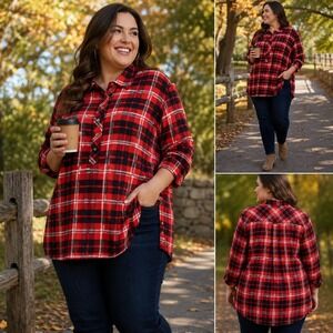 Talbots Plaid Flannel Tunic 3X 22/24 Plus Red Black Button Side Shirt Rayon Soft